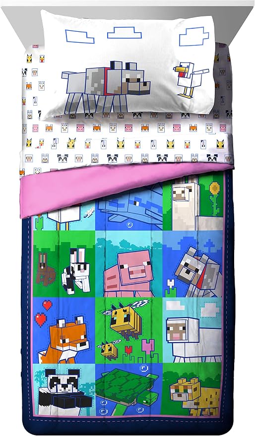 Minecraft Full Size Comforter Set 7 Piece Kids Bedding for Girls, Multi | Bed in a Bag, Comforter Sheets Shams Pillowcases, Official Brand, Soft Microfiber, Machine Washable, Girls Gift