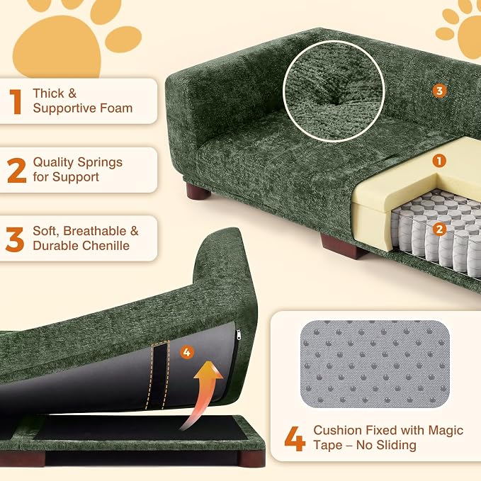 Dog Couch Sofa for Large & Extra Large Dogs, Elevated Pet Bed with Legs, Button Tufted Chenille Dog Couch with Backrest and Armrests, Modern Indoor Dog Furniture(Green, XXL - 55" x 28" x 15")
