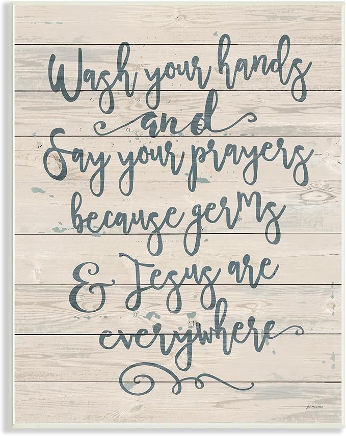 Stupell Industries 'Blue Script Germs and Jesus Cursive Planked Look Typography', Wall Plaque Art, 10 x 15 Inches, Easy to Hang and Sturdy, Made in USA, by Jo Moulton