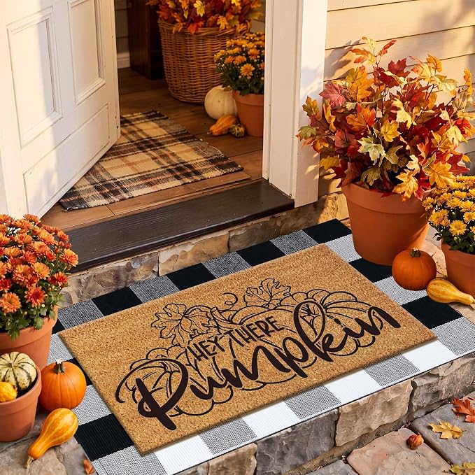 Moucuny 2 Pcs Fall Coir Welcome Doormat Outdoor 16'' x 28'' Hey There Pumpkin Coir Welcome Mat Layered 24'' x 35'' Black and White Plaid Rug Set for Fall Autumn Front Porch Entryway Entrance Decor