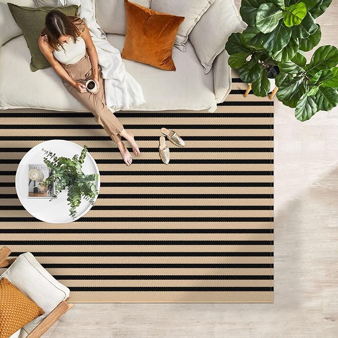 IOHOUZE Striped Area Rug 4'x6' Front Door Rugs Washable Area Rug for Double Front Porch, Large Patio Rug Outdoor Indoor, Doormat for Entryway Porch Entrance, Tan/Black