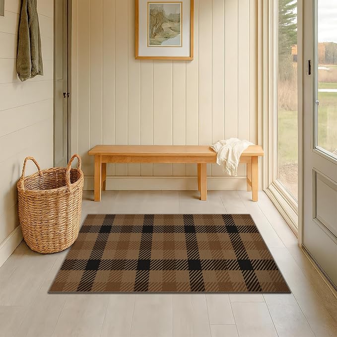 2x4 Entryway Door Mat Indoor Outdoor– Washable Non Slip Small Rug for Front Door, Back Door, Kitchen Sink, Mudroom, Garage Entry, Low Profile Easy Clean Farmhouse Cottage Plaid Runner