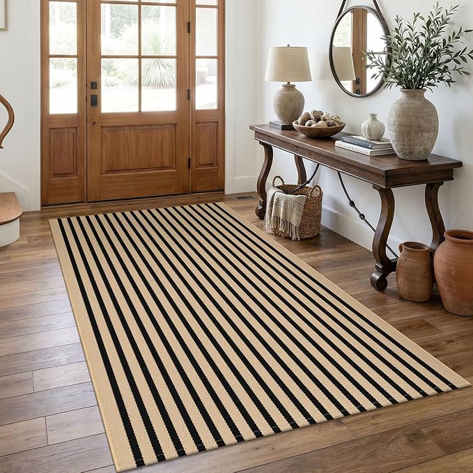 KOZYFLY 4x6 Brown and Black Striped Rug Front Door Rug Cotton Woven Washable Indoor Outdoor Rugs Entrance Layered Doormat for Front Porch Kitchen Patio Farmhouse Carpet