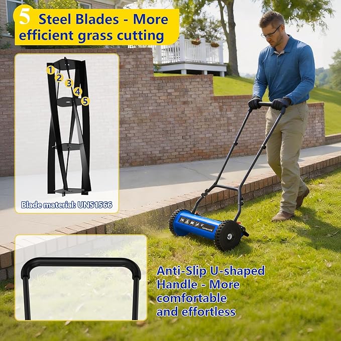 18-Inch Reel Lawn Mower with Tool-Free Blade Adjustment, 5-Blade Manual Push Lawn Mower, 5-Position Height Adjustable Hand Push Reel Mower for Larger Yards