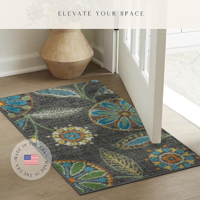 Maples Rugs Reggie Floral Kitchen Rug - Made in USA - Washable, Non Slip Indoor Carpet for Entryway, Foyer, Kitchen, and Bathroom, 1'8 x 2'10, Dark Grey