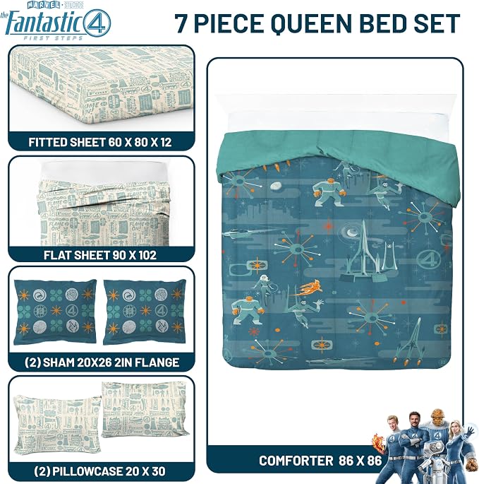 Marvel Fantastic Four Queen Comforter Set 7 Piece Superhero Bedding, Blue | Bed in a Bag, Comforter Sheets Shams Pillowcases, Official Product, Soft Microfiber, Machine Washable, Kids Gift