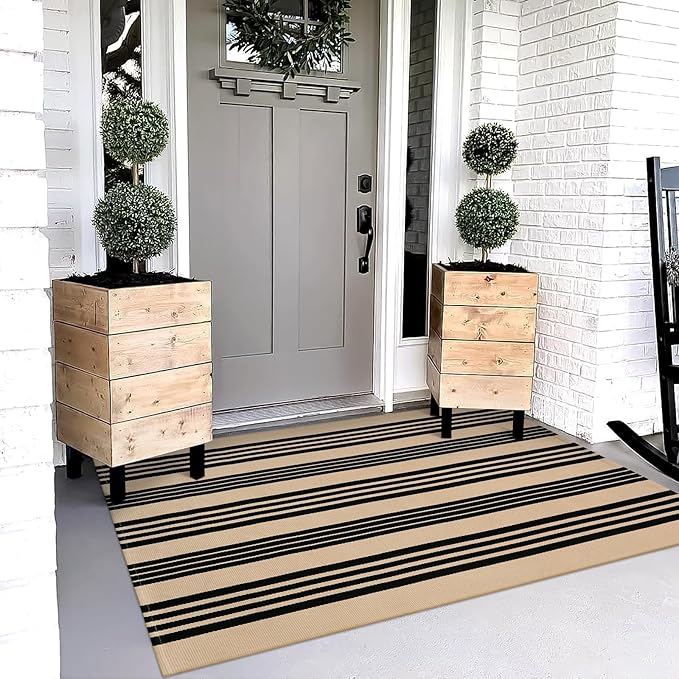 OJIA Outdoor Rug 3'x5', Black Tan Patio Rug Front Door Mat Outside Entrance | Machine Washable Area Rug Cotton Woven Entryway Rug Indoor Striped Carpet for Porch/Deck/Backyard/Camping/Outdoor Decor