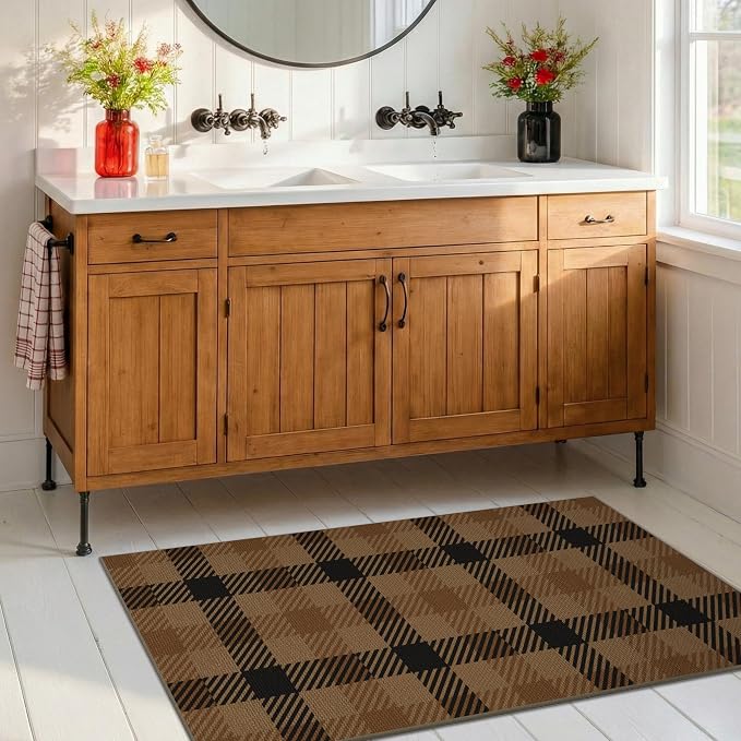 2x4 Entryway Door Mat Indoor Outdoor– Washable Non Slip Small Rug for Front Door, Back Door, Kitchen Sink, Mudroom, Garage Entry, Low Profile Easy Clean Farmhouse Cottage Plaid Runner
