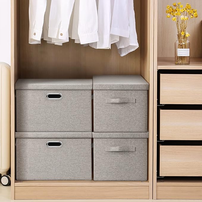 Storage Bins with Lids Fabric Closet Organizers Cubes Office Organization | 36 Quart 5 Pack Beige Collapsible Stackable Linen Fabric 4 Handles Bedroom Closet Cabinet Under Bed Clothes Toy Office File