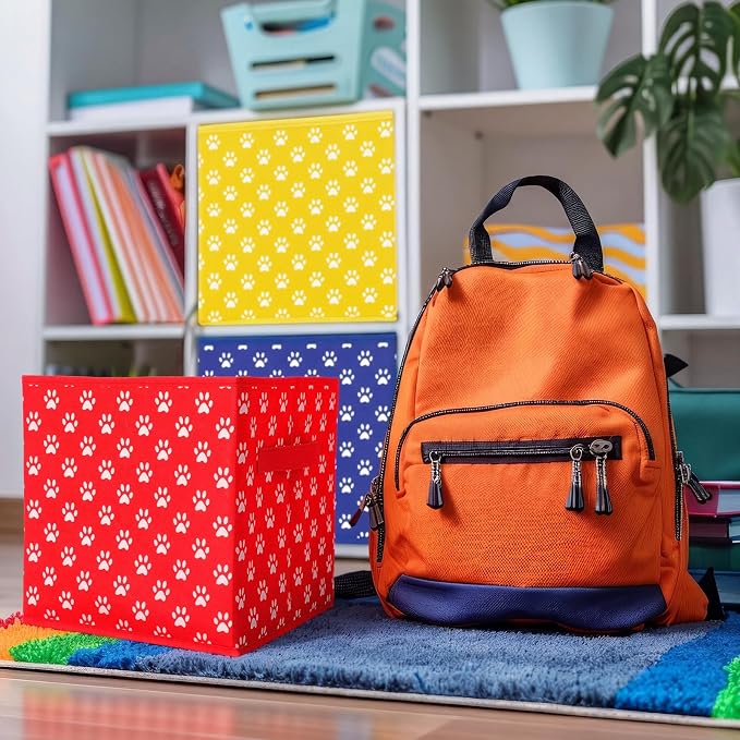Kathfly 6 Pcs 11" Colorful Fabric Classroom Storage Bins Paw Print Themed Cubby Bins Storage Baskets with Handles for School Classroom Lost and Found Decor Office Home Organizer Supplies