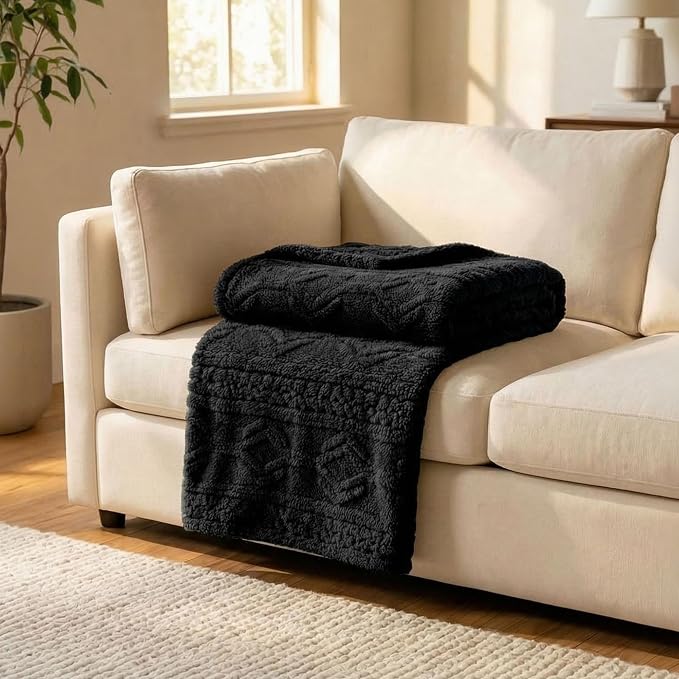 Superior Fleece Boho Jacquard Blanket, Decorative Blankets for Bedroom, Sofa, Fuzzy, Plush, Fluffy, Soft, Cute Room Decor, Beautiful Cover, Comfort Essentials, Arctic Collection, Throw, Black