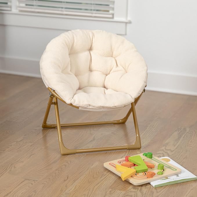 Flash Furniture Kids 23 Inch Folding Saucer Chair, Ivory Faux Shearling | Soft Gold Frame, Portable