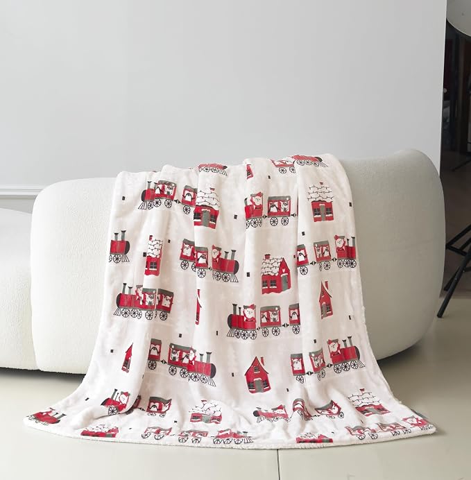 Elegant Comfort Reversible and Ultra-Plush Flannel Fleece-Winter Christmas Sherpa Throw- Lightweight Soft and Cozy-Holiday Decorative Throw, Perfect for Lounging, 50 x 60 inches, Santa Train