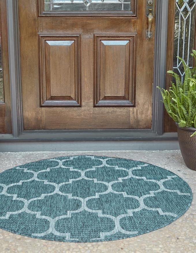 Unique Loom Outdoor Trellis Collection Area Rug (8' Round, Teal/ Gray)