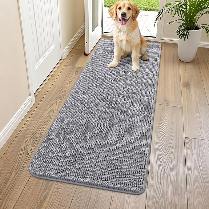 Smiry Dog Door Mat for Muddy Paws 59x20, Absorbent Dirt Trapper, Non-Slip Washable Chenille Entryway Rug for Inside Floor, Grey, Classic Solid