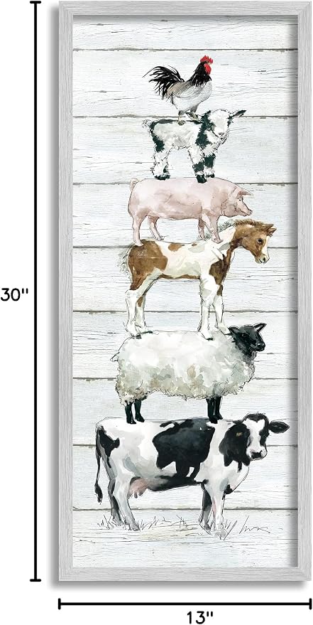 Stupell Industries Country Farm Animal Stack Cow Sheep Pig Rooster, Designed by Carol Robinson Gray Framed Wall Art, 13 x 30, Multi-Color