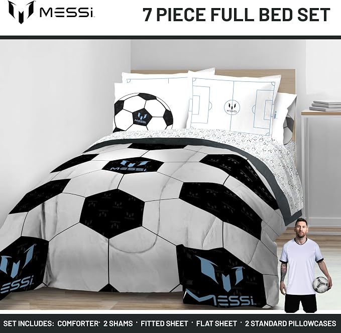 Jay Franco Kids Comforter Set Includes Sheets and Pillow Cover - Soft and Cozy Bed Set for Stylish Room Décor, White - Messi, 7 Piece Full