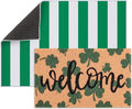 2 Pcs St. Patrick's Day Doormat Shamrock Pattern Welcome Door Mat Non Slip Coir Mat White & Green Striped Layering Mat for St. Patrick's Day Front Door Porch Entryway Decor 23.6 x 31.5 Inch