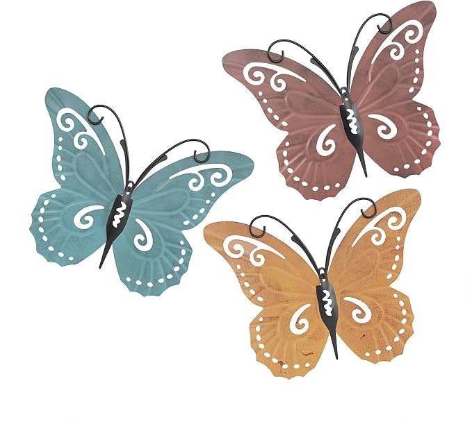 Lavish Home Butterfly Metal Wall Art, 3-Piece-Set | Hand Painted Decorative 3D Butterflies for Rustic Farmhouse Office or Home Decor