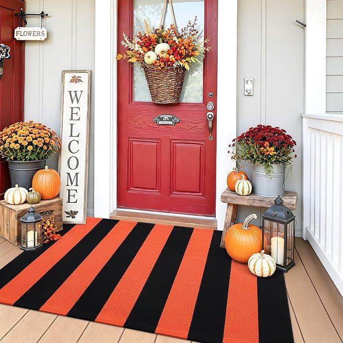 OLANLY Orange and Black Striped Rug 2'4" x 3'7" (27.5" x 43") | Washable Cotton Indoor Outdoor Doormat for Front Door, Entryway, Kitchen, Porch, Patio Decor