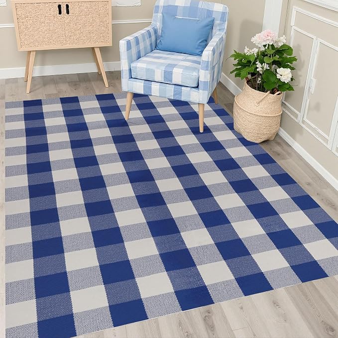 Buffalo Plaid Outdoor Rug 4x6 Ft Blue and White Checkered Area Rug Washable Indoor Outdoor Rugs for Entryway,Hallway, Kitchen, Living Room, Dining Room, Bedroom