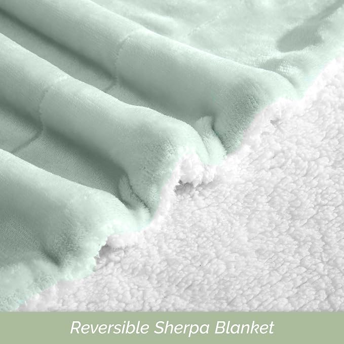 Elegant Comfort Ultra Soft Reversible Flannel Sherpa Blanket - Cozy Silky Fleece Throw for Couch, Bed - Plush Fuzzy Warm Winter Blanket for Gift, Queen, Mint Green