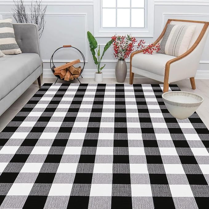 Bottalive Buffalo Plaid Outdoor Rug, 4' x 6' Black and White Check Indoor/Outdoor Area Rugs, Layering Rug for Hello/Welcome Door Mat, Washable Cotton Woven Farmhouse Mat for Fall Front Porch Décor