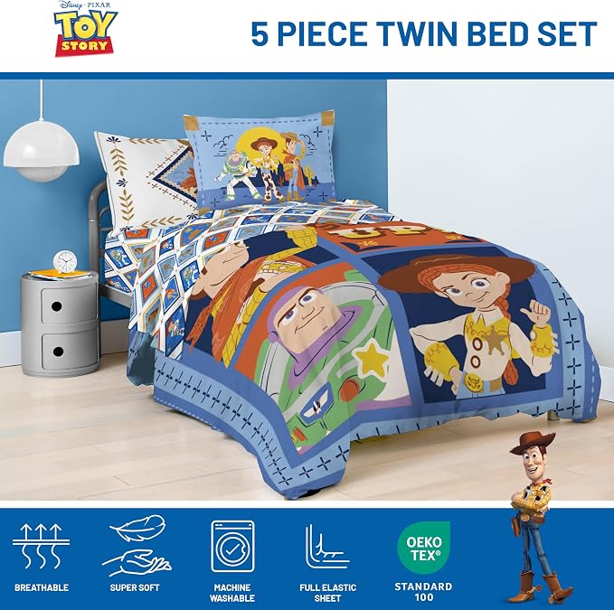 Jay Franco Kids Bed Set, Blue, Toy Story, 5 Piece Twin | Cozy Soft Bedding for Stylish Room Décor with Comforter, Sheets & Pillow Covers