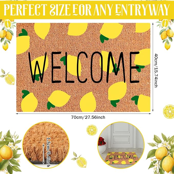 Ceenna Summer Lemon Coir Doormat Outdoor Summer Welcome Rug with Non Slip Backing Lemon Front Door Mat Front Porch Rugs for Farmhouse Home Entrance Anniversary, 16 x 28inches