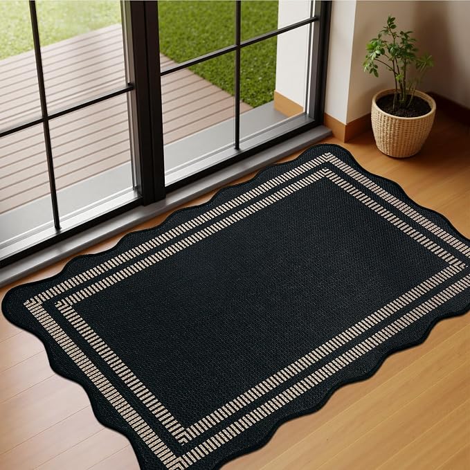 EDIMENS Easy Jute Rug Entryway Rug, 2x3 Front Door Mat Small Entryway Non-Slip Washable Area Rug, Low Pile Black Indoor Outdoor Farmhouse Scalloped Doormat for Entrance Entry Porch Doorway