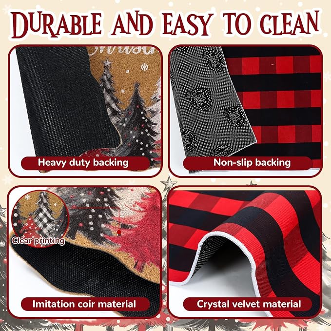 Fourluoo 2 Piece Christmas Door Mat Combo Set Outdoor Christmas Rugs 28 x 40 Inch Red White and Black Plaid Welcome Mat Non Slip Xmas Tree Layering Front Door Rug for Indoor Outdoor Entrance Porch