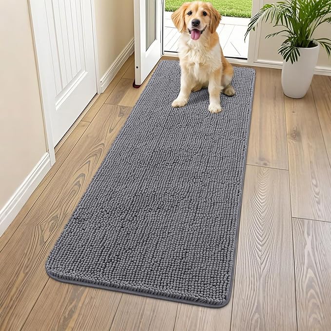 Smiry Dog Door Mat for Muddy Paws 59x20, Absorbent Dirt Trapper, Non-Slip Washable Chenille Entryway Rug for Inside Floor, Dark Grey, Classic Solid