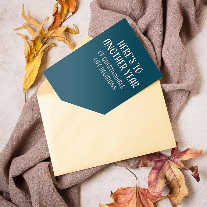 Happy Birthday Card, Single 4.25 X 5.5 Greeting Card With Envelope, Blank Inside, Funny Birthday Cards For Men and Women, Another Year of Questionable Life Decisions