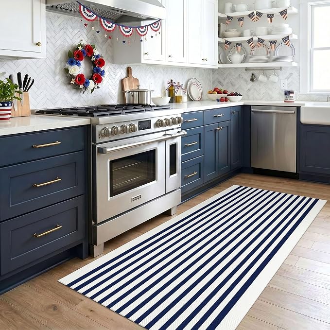 KOZYFLY Striped Rug 3x5 Front Door Rugs Blue White Cotton Woven Washable Indoor Outdoor Rug Entrance Doormat for Front Porch Kitchen Patio Independence Day Decor