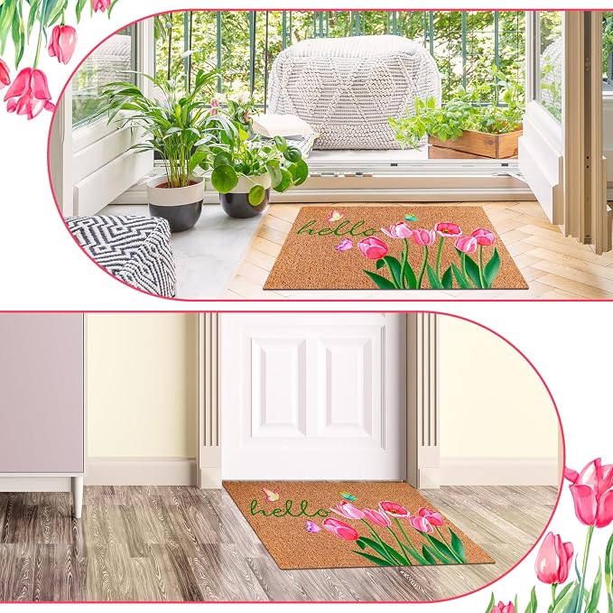 Ceenna Spring Welcome Coir Doormat Outdoor Hello Spring Front Door Mat Tulip Butterfly Coir Doormat with Non Slip Backing February Romantic Mat Front Porch Rugs for Home Entrance, 16 x 28 Inches