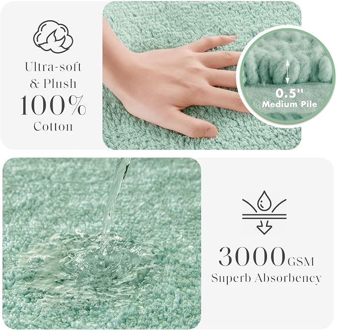 Madison Park Splendor Reversible 100% Cotton Bath Rug, 17 x 24, Green | Tufted Bathroom Mat, 3000 GSM, Hotel Quality, Luxurious Plush, Medium Pile, Absorbent, Quick Dry, OEKO-TEX, Shower Room Décor
