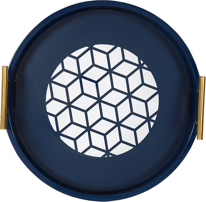 Kate and Laurel Caspen Round Cut Out Pattern Decorative Tray with Gold Metal Handles, 15.5", Navy and Gold