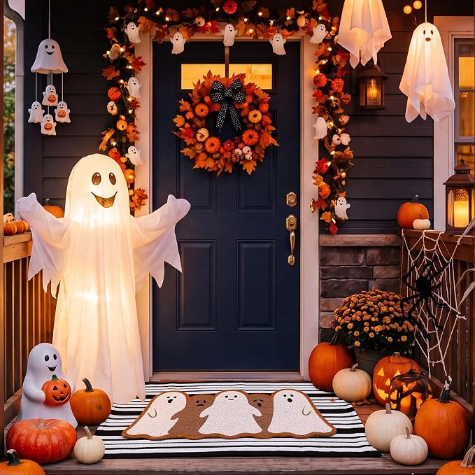 Moucuny 2 Pcs Halloween Coir Doormat Outdoor Ghost Welcome Mat with Black and White Stripe Area Rug Halloween Outdoor Doormat for Front Door Porch Entryway Decor, 16'' x 28'', 24'' x 35''