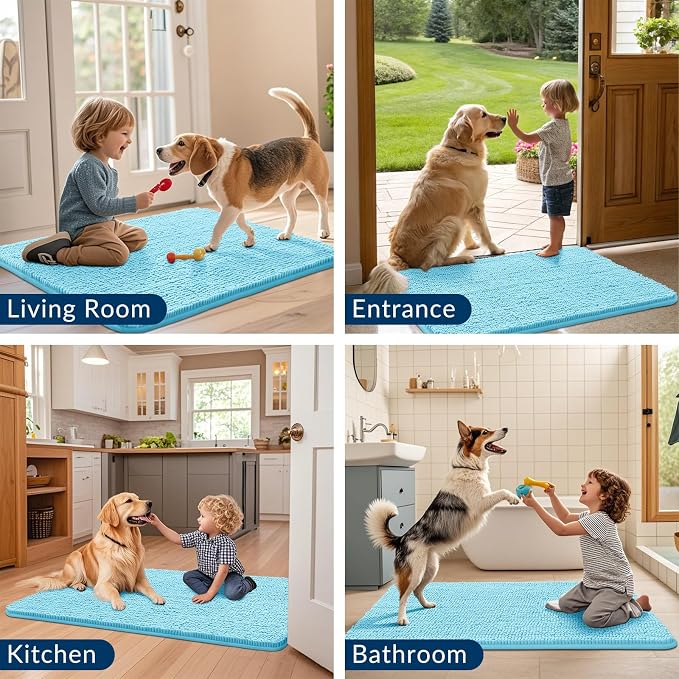 Smiry Dog Door Mat for Muddy Paws 54x32, Absorbent Dirt Trapper, Non-Slip Washable Chenille Entryway Rug for Inside Floor, Sky Blue, Classic Solid