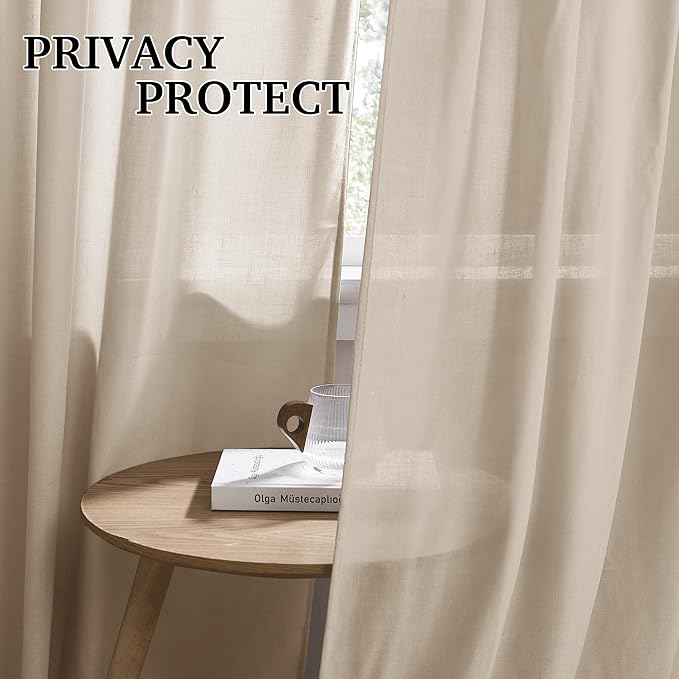 RYB HOME Linen Sheer Curtains 90 inches Long 2 Panels Set, Natural Lightweight - Image 3