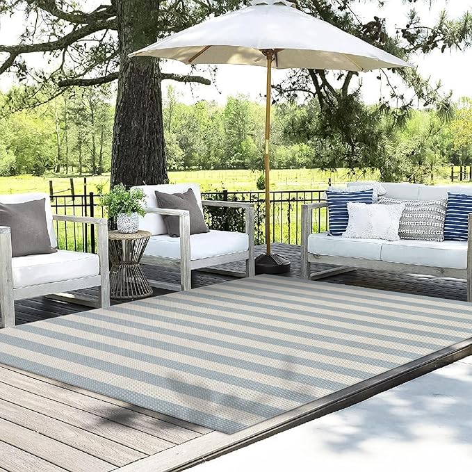 LEEVAN 5x7 Outdoor Striped Rugs for Patio Washable Coastal Blue Balcony Rug | Blue and White Backyard Rug, Spring Plaid Outside Entrance Floor Porch Mat, Indoor/Outdoor Layered Mat for Deck/Pool/Camping