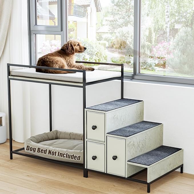 LEMBERI Pet Bunk Bed with Stairs and Storage, Dogs/Cats Window Perch, Bedside Lounge Elevated Dog Bed Multi-Level Platform with Foam Upholstery (Gray)