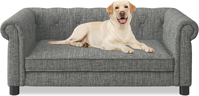38.9" Upholstery Elevated Dog Sofa with Button‑Tufted Backrest & Rolled Armrests, Pet Couch Bed with Removable Soft Cushion, Comfy Modern Deep Seat Raised Dog Bed for Living Room, Bedroom, Light Grey