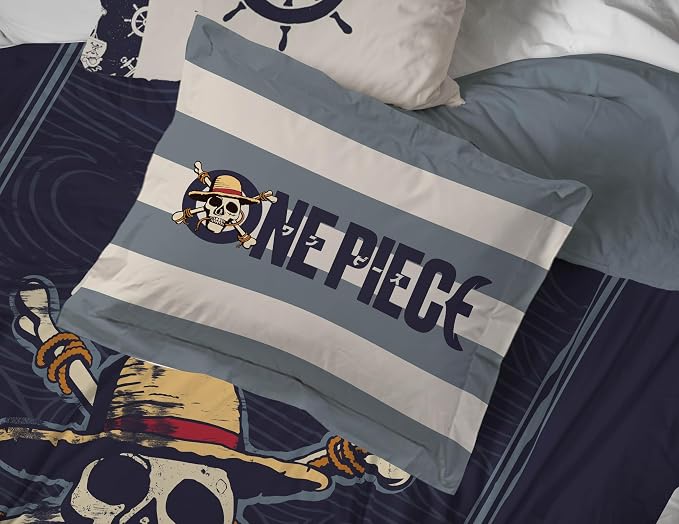 One Piece Luffy Queen Comforter Set 7 Piece Soft Anime Bedding, Blue | Bed in a Bag, Comforter Sheets Shams Pillowcases, Official Product, Soft Microfiber, Machine Washable, Kids Gift