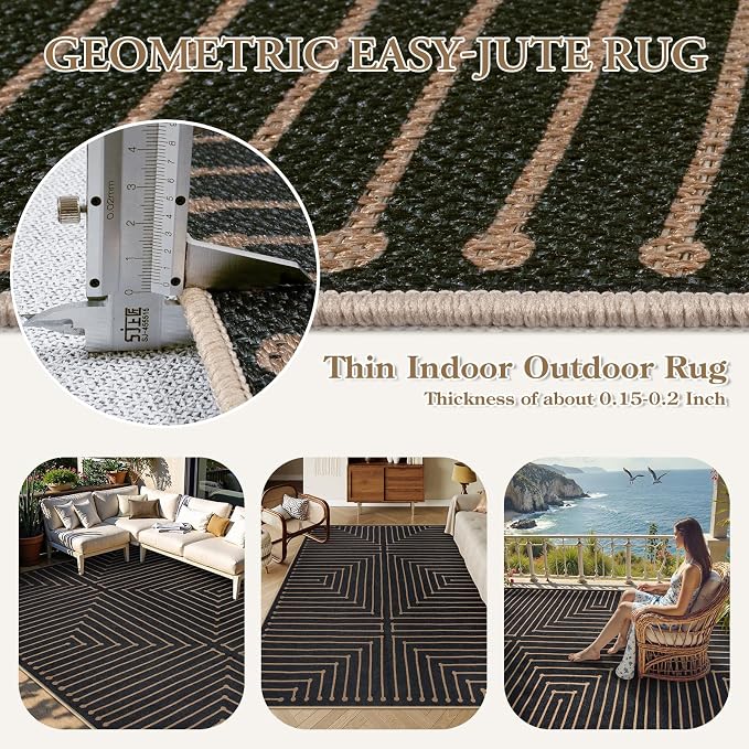 Lahome 8x10 Indoor Outdoor Rug, Black Easy Jute Farmhouse Geometric Rug | Rhombus Non Slip Non Shedding Indoor Outdoor Carpet for Living Room Deck Dining Classroom Decor