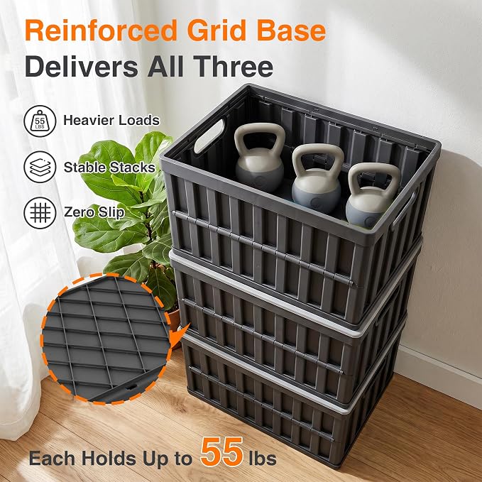 Citylife 64L Collapsible Storage Bins with Lids Plastic Storage Containers for Organizing Stackable Storage Box Large Heavy Duty Utility Crates, 4 Packs