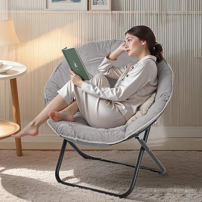 VECELO Saucer Chair for Adults, Folding Moon Chair with Metal Frame, Faux Fur for Bedroom, Living Room, Dorm Room, Apartment, Grey
