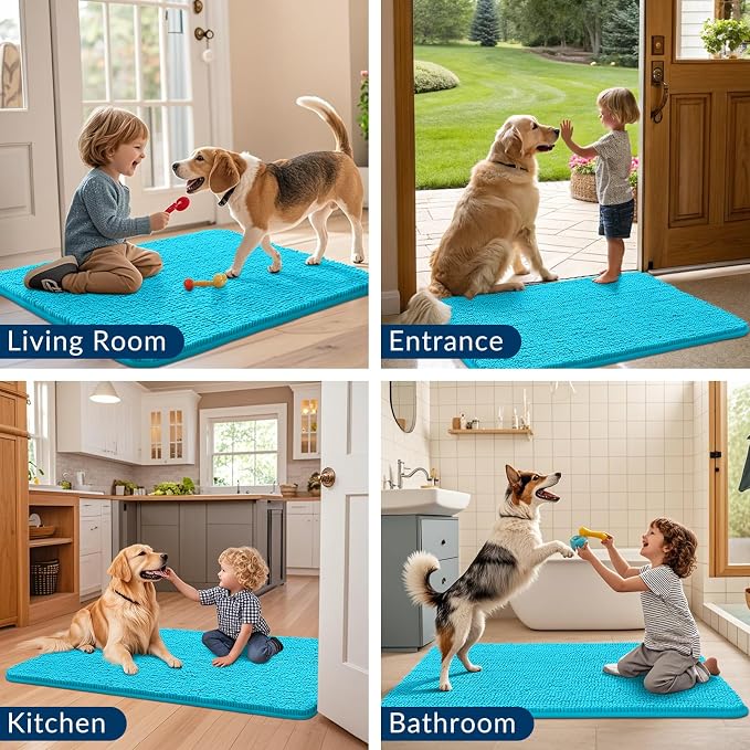 Smiry Dog Door Mat for Muddy Paws 59x32, Absorbent Dirt Trapper, Non-Slip Washable Chenille Entryway Rug for Inside Floor, Aqua Blue, Classic Solid