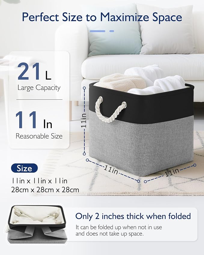 Patvingot 11-Inch Fabric Cube Storage Bins with Handles,4 Pack,Foldable | For cube shelves and closets,keeps grouped for everyday access,reinforced opening and fold-flat storage,dark and gray
