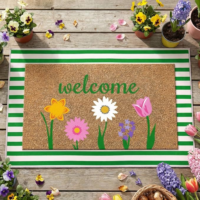 Moucuny 2 Pcs Spring Coir Doormat Outdoor Flower Welcome Outdoor Rug Front Porch Mats Layered Green and White Stripe Rugs for Spring Front Porch Entryway Decor